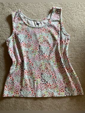 Lands' End Floral Scoop Neck Tank Top - White with Pink, Red, Yellow, Green